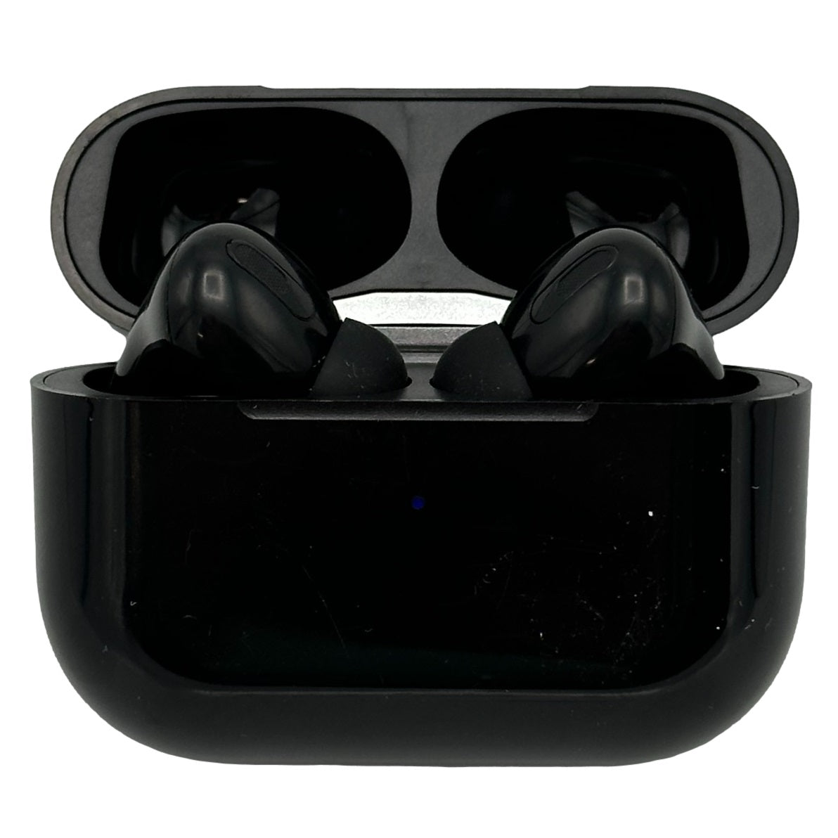 Black wireless earbuds in an open black charging case.